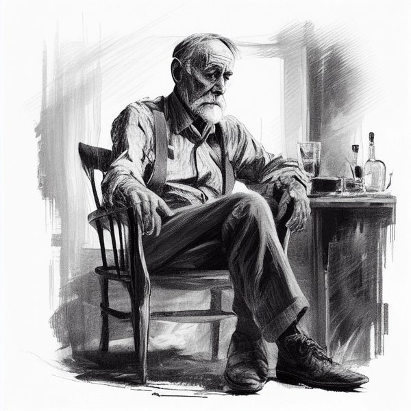 Pencil Sketch of an Old Man Relaxing with a Whiskey