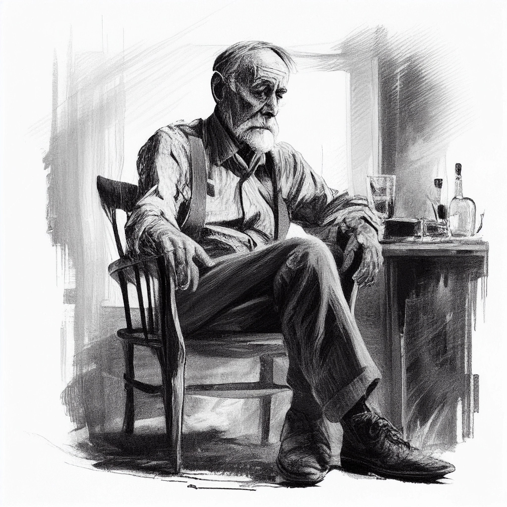 An old man.  鉛筆画 Pencil Sketch of an Old Man Relaxing With a Whiskey - Etsy