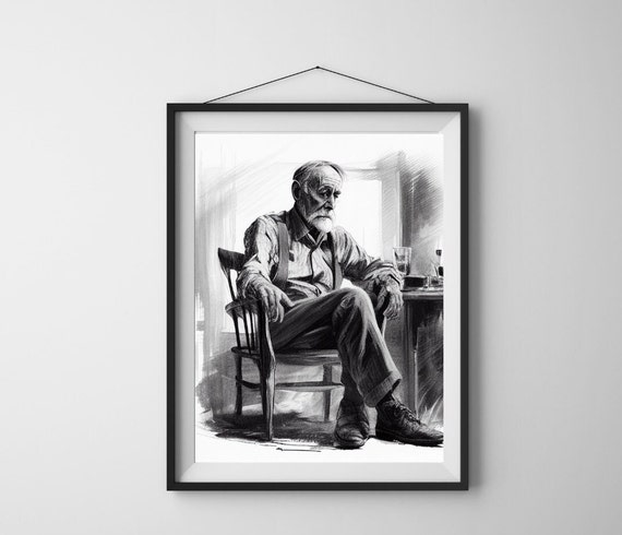Pencil Sketch of an Old Man Relaxing With a Whiskey - Etsy