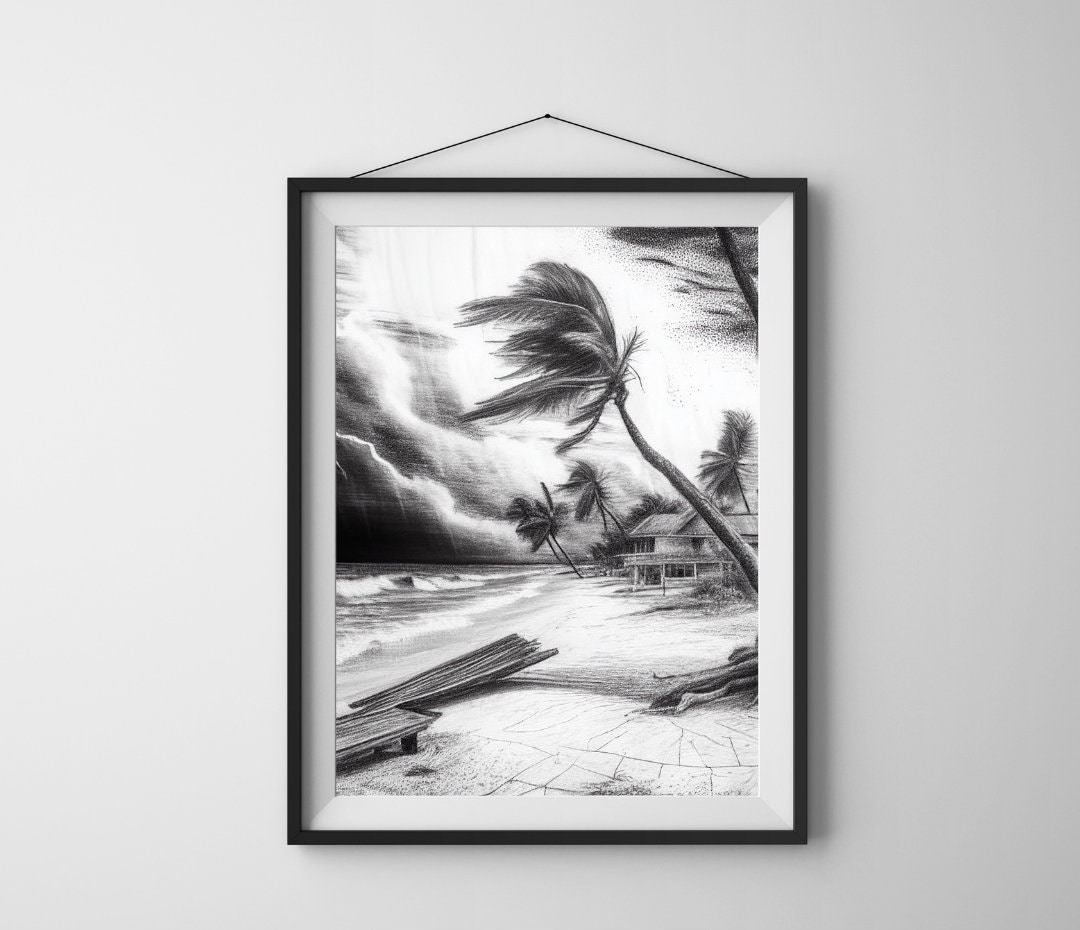 Hyper Realistic Pencil Sketch of a Beach After a Tropical Storm - Etsy