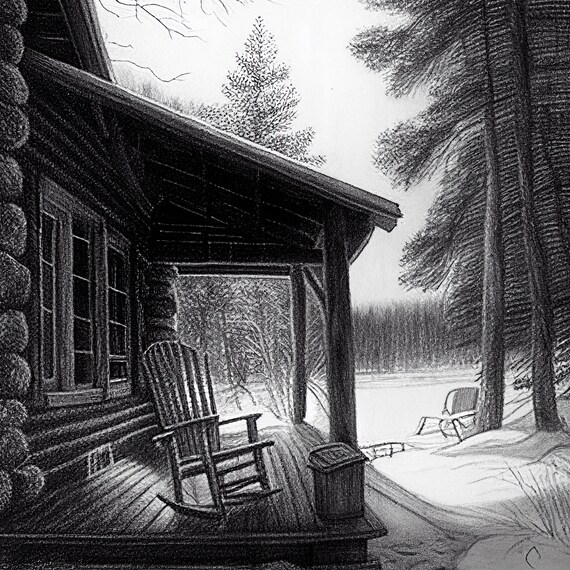 prompthunt: a pencil drawing of a boy and a girl with long flowing hair  sitting together on the porch of a cabin on a mountain overlooking a snowy  landscape. atmospheric lighting, romantic