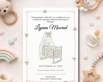 Plantilla de invitación para Aqiqah de niña | Invitación editable para Aqiqah de bebé niña en Canva | Celebración islámica de bebé | Descarga digital imprimible
