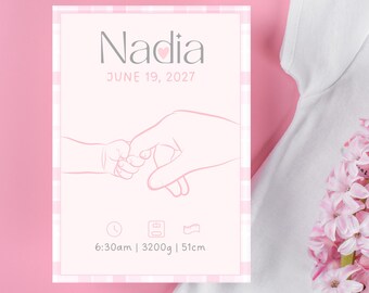 Plantilla de anuncio de bebé niña | Anuncio de nacimiento rosa | Tarjeta de bebé editable en Canva | Descarga digital imprimible