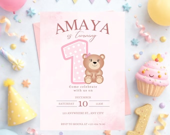 Linda invitación de primer cumpleaños | Plantilla editable de Canva | Invitación de primer cumpleaños para niña | Descarga digital imprimible