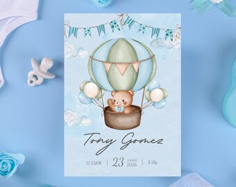 Anuncio de nacimiento de bebé varón | Plantilla editable de Canva | Tarjeta azul de bienvenida | Descarga digital