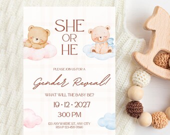 Invitación para revelar el género del bebé | Plantilla editable de Canva | Invitación para revelar si es niño o niña | Descarga digital imprimible | Tarjeta moderna para revelar el género del bebé