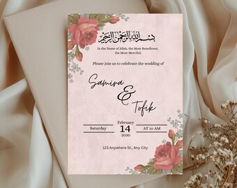 Plantilla de invitación de boda musulmana | Plantilla de Canva para invitación Nikah | Invitación de boda islámica editable | Descarga digital imprimible