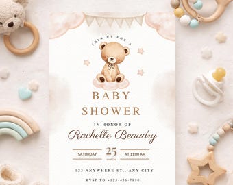 Plantilla de invitación neutral para baby shower | Invitación editable en Canva | Descarga digital imprimible | Descarga instantánea