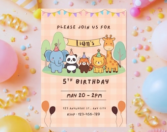 Plantilla de invitación de cumpleaños de amigos animales | Invitación editable de Canva para fiesta infantil | Adorables animales de safari | Descarga digital imprimible