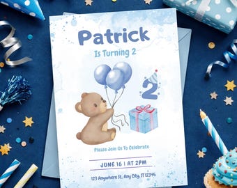 Invitación de segundo cumpleaños para niño | Plantilla editable de Canva | Invitación para segundo cumpleaños | Descarga digital imprimible