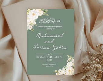 Plantilla de invitación de boda Nikah Verde | Invitación de boda musulmana editable en Canva | Tarjeta de matrimonio islámica | Descarga digital imprimible y móvil