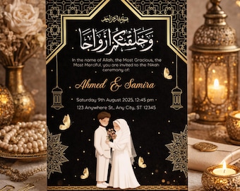 Plantilla editable de invitación para Nikah | Invitación de boda musulmana | Tarjeta de matrimonio islámico | Descarga digital de Canva | Diseño en árabe e inglés