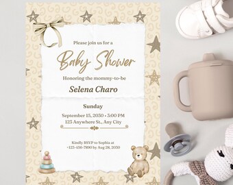 Invitación para baby shower | Invitación neutra para baby shower | Plantilla editable de Canva | Descarga digital