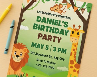 Invitación de cumpleaños de safari en la jungla + página para colorear – Invitación imprimible para fiesta infantil | Descarga digital editable