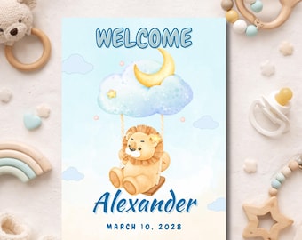 Plantilla de anuncio de nacimiento para niño | Anuncio de nacimiento de león editable en Canva | Tarjeta de bebé de safari en la jungla | Descarga digital imprimible