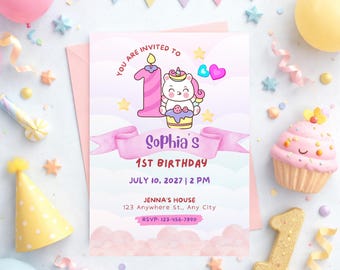 Plantilla de invitación para el primer cumpleaños de unicornio | Invitación editable de Canva | Fiesta mágica de unicornio | Descarga digital imprimible