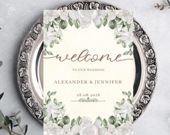 Tarjeta de bienvenida para la mesa de boda | Plantilla editable de Canva | Letrero de boda imprimible de 13x18 cm | Descarga digital instantánea