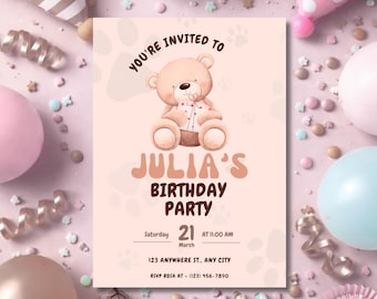 Plantilla de invitación de cumpleaños de osito de peluche | Invitación editable para primer cumpleaños | Plantilla de fiesta de Canva | Descarga imprimible