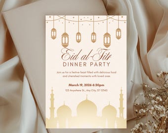 Plantilla de invitación para la cena de Eid al-Fitr | Invitación editable en Canva para la fiesta de Eid | Cena festiva islámica | Descarga digital imprimible