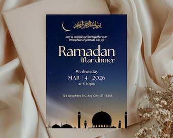 Plantilla de invitación para Iftar | Invitación para Iftar de Ramadán | Invitación islámica editable en Canva | Invitación imprimible para cena de Ramadán | Descarga instantánea