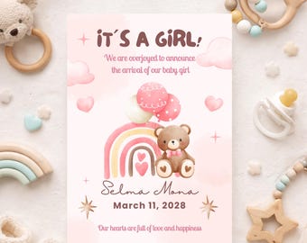 Plantilla de anuncio de bebé niña | Anuncio de nacimiento rosa | Tarjeta de bebé editable en Canva | Descarga digital imprimible