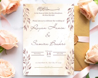 Plantilla de invitación de boda musulmana | Plantilla de Canva para invitación Nikah | Invitación de boda islámica editable | Descarga digital imprimible