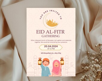 Plantilla de invitación para la reunión de Eid al-Fitr | Invitación editable de Canva para la fiesta de Eid | Celebración de la festividad islámica | Descarga digital imprimible