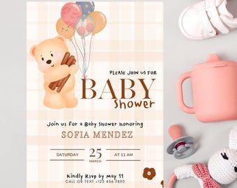Plantilla de invitación neutral para baby shower | Invitación beige editable en Canva | Descarga digital imprimible | Descarga instantánea