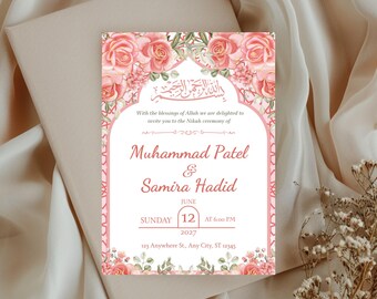 Invitación Nikah en rojo pastel | Plantilla de invitación para boda musulmana | Invitación editable en Canva | Tarjeta de boda islámica | Descarga instantánea