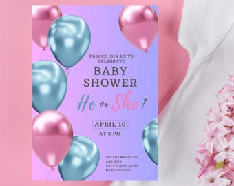 Invitación para revelar el género del bebé | Plantilla editable de Canva | Invitación para revelar si es niño o niña | Descarga digital imprimible | Tarjeta moderna para revelar el género del bebé