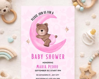 Plantilla de invitación rosa para baby shower | Invitación para baby shower de niña | Plantilla editable de Canva | Descarga digital imprimible