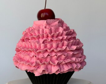 Handmade Pink Faux Cupcake: Glitter Cherry Photo Prop