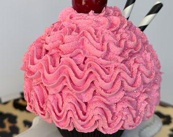 Handmade Pink Faux Cupcake: Glitter Cherry Topping, Photo Prop