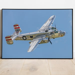 May include: A silver and gold B-25 bomber airplane flies against a blue sky. The plane has red and white stripes on the tail and the number 430734 on the side. The plane is labeled "Prankster" on the side.