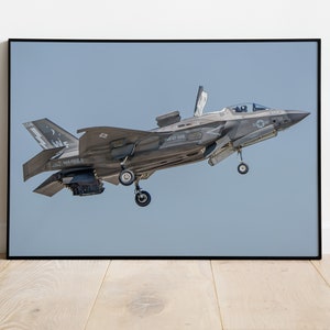 May include: A gray and black F-35B Lightning II fighter jet with the text "VMFT-501" on the side, landing with its landing gear extended.