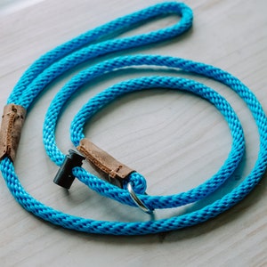 May include: A blue rope dog leash with brown leather accents and a black metal clip.