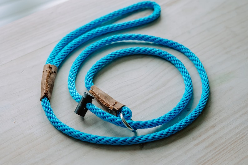 May include: A blue rope dog leash with brown leather accents and a black metal clip.