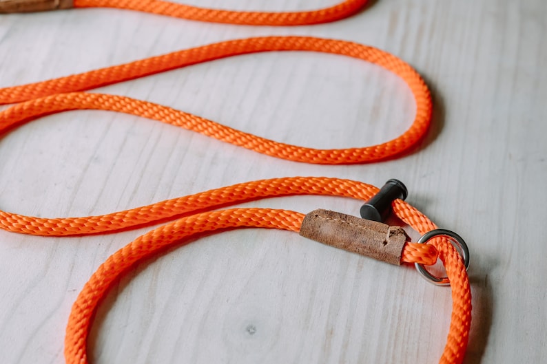 May include: Orange rope dog leash with a brown leather handle and a metal ring.