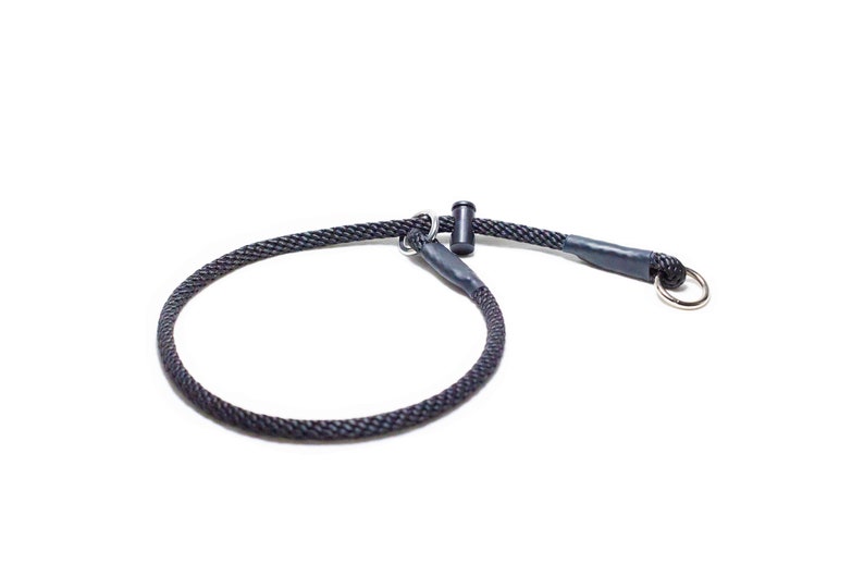May include: A black rope dog collar with a metal ring and a plastic buckle.
