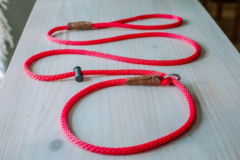 May include: A bright pink dog leash with a brown leather handle and a black metal clip. The leash is made of a thick, durable rope.