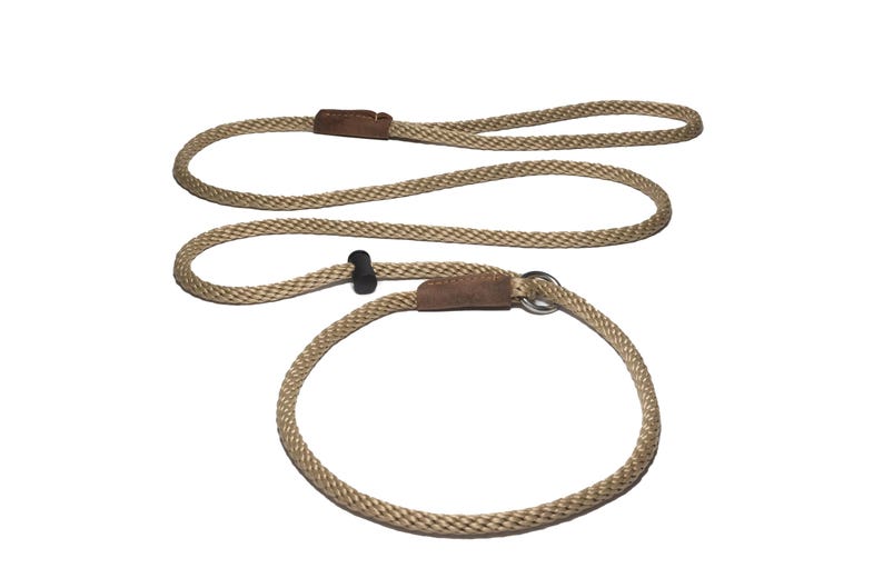 Slip lead/PREMIUM/professional dog training leash/8mm PP rope with the push button snug stopper and hand-stitched leather binding/4-6-8 Feet Beige