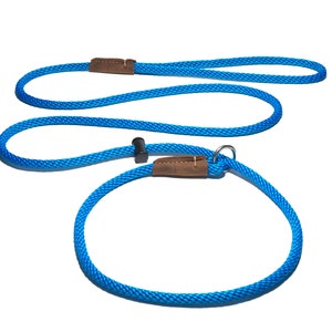 Slip lead/PREMIUM/PRO dog training leash/7mm pp rope with the push button snug stopper & hand-stiched leather binding/BLUE/4-6-8 Feet