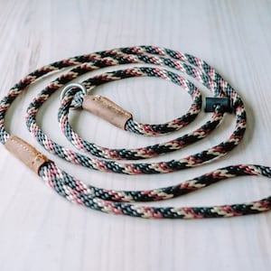 May include: A black, cream, and burgundy braided rope dog leash with a brown leather handle and a silver metal ring.