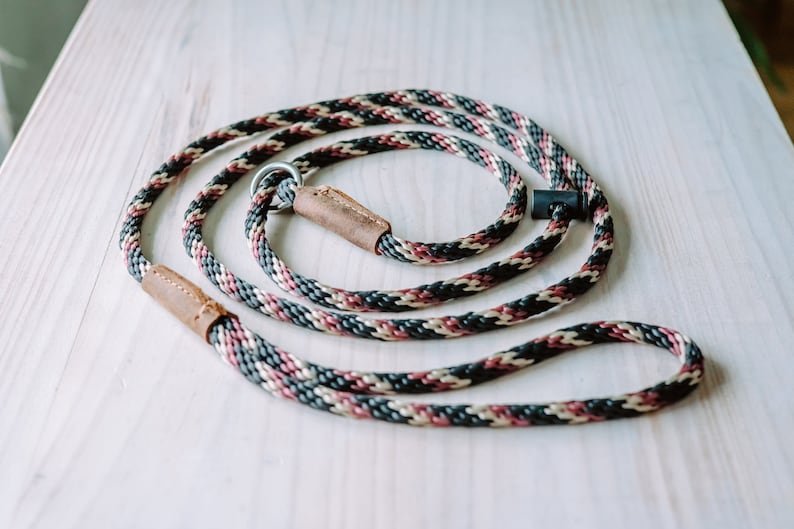 May include: A black, cream, and burgundy braided rope dog leash with a brown leather handle and a silver metal ring.