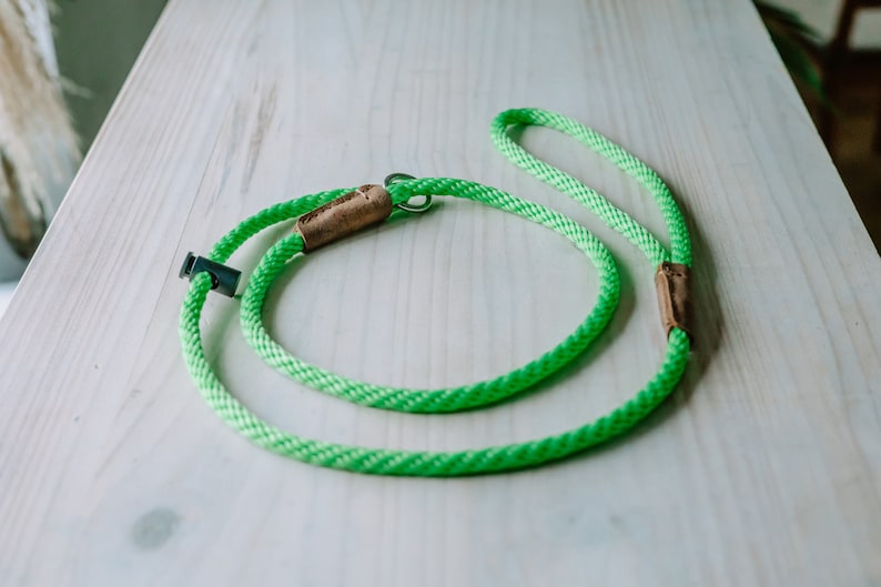 May include: A bright green rope dog leash with brown leather accents and a silver metal clip.