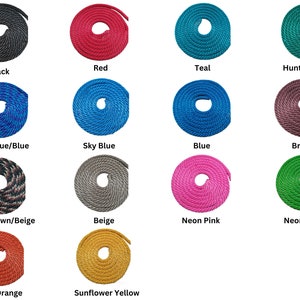 May include: A variety of colors of rope, including black, red, teal, hunter green, pastel blue, sky blue, blue, brown, black/brown/beige, beige, neon pink, neon green, neon orange, and sunflower yellow.