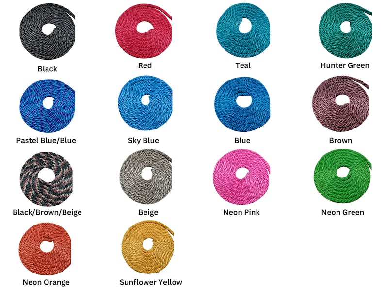 May include: A variety of colors of rope, including black, red, teal, hunter green, pastel blue, sky blue, blue, brown, black/brown/beige, beige, neon pink, neon green, neon orange, and sunflower yellow.