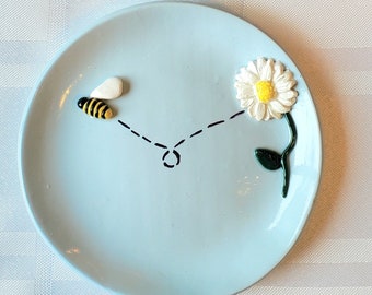 Handmade polymer clay trinket dish with bee and flower