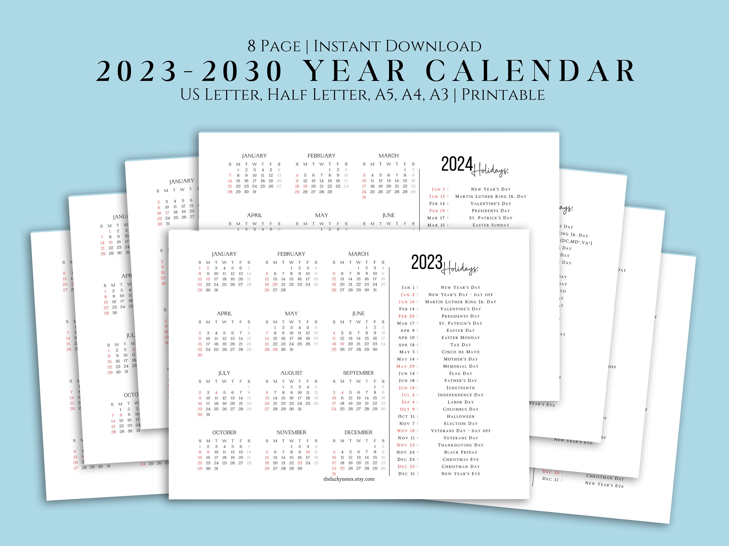 2023-2030 Year Calendars With Holidays on One Page Printable - Etsy