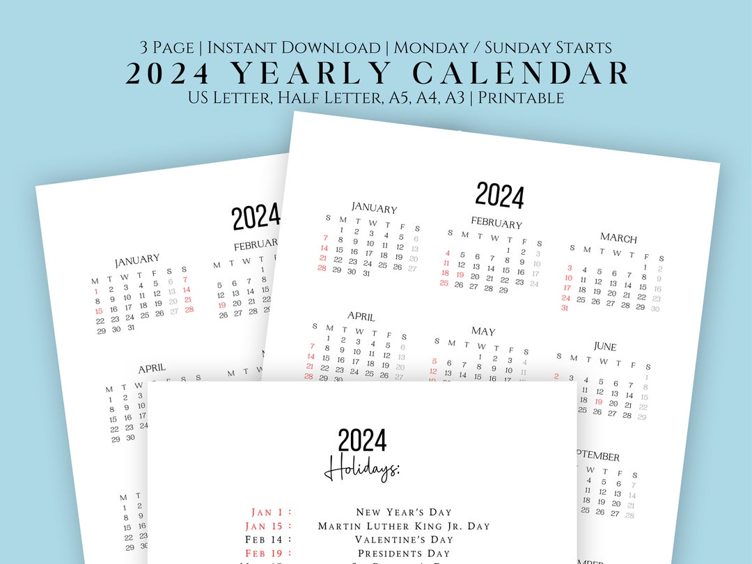 2024 Year Calendar One Page Calendar Vertical Calendar Etsy